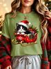 Cute Santa Hat Tuxedo Cat Sleigh Gift Womens Crew Neck Short Sleeve T Shirt Xmas Holly Snowflake Casual Graphic Tees For Ladies