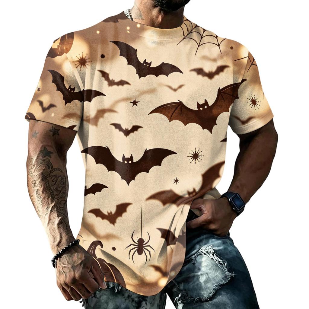 Men's Halloween Vintage Short Sleeve T Shirt Loose Breathable Summer Sports Streetwear Casual Everyday Top with Bat and Spider Web Print