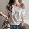 One-shoulder Exposed Off-shoulder Gray Loose Short-sleeved Women's Outerwear High-end Casual Spring Summer Shoulder-falling Top