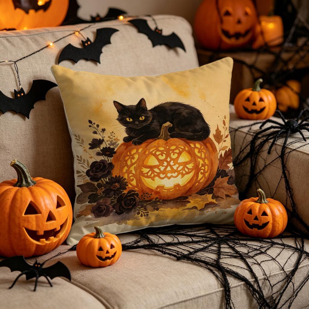 Halloween Spooky Linen Pillow Cover 1pc Indoor Decorative Sofa Cushion Cover with Pumpkin and Cat Design for Home Decoration