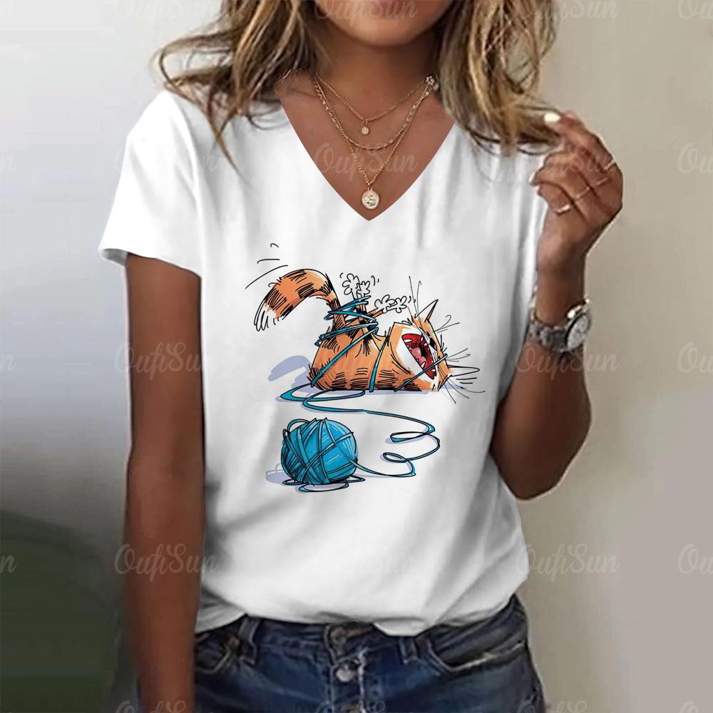 Summer V-neck 3D Cat Printed Top Fashionable Casual Short Sleeved Women's T-shirts