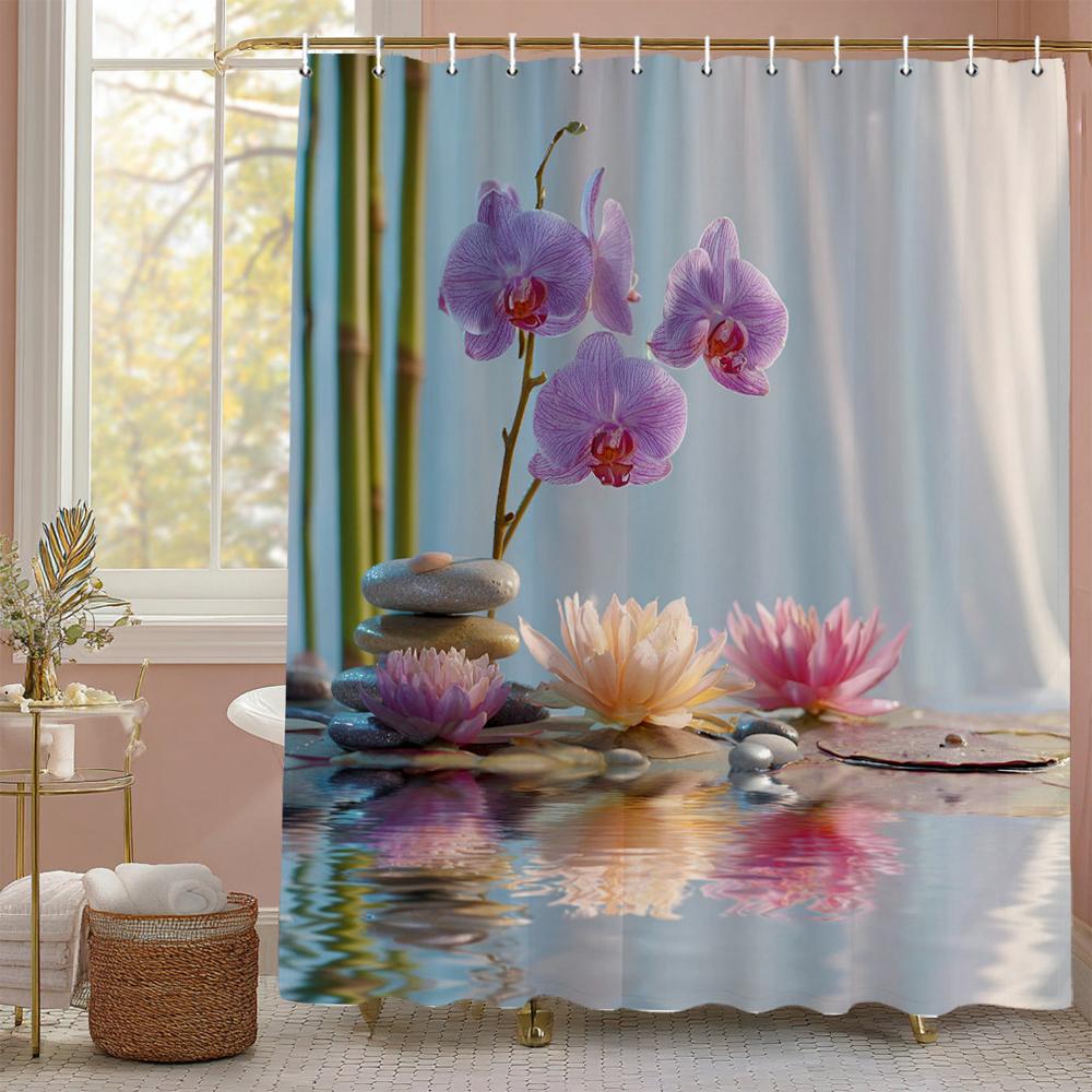 Zen Garden Bamboo Spa Stone Flower Theme Shower Curtain, Bathroom Decorative Shower Curtain, Print polyester Curtain with Hooks