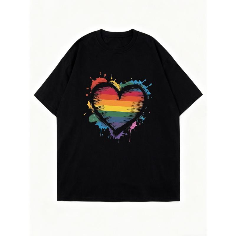 Nadměrné tričko černé s potiskem duhového srdce pro běžné nošení a pride akce