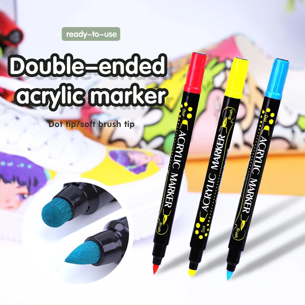 24 Colors Dot Acrylic Paint Markers Collection Dual Tip Brush Paint Pens for Rock Painting Canvas Plastic Metal Wood Stone Art Supplies