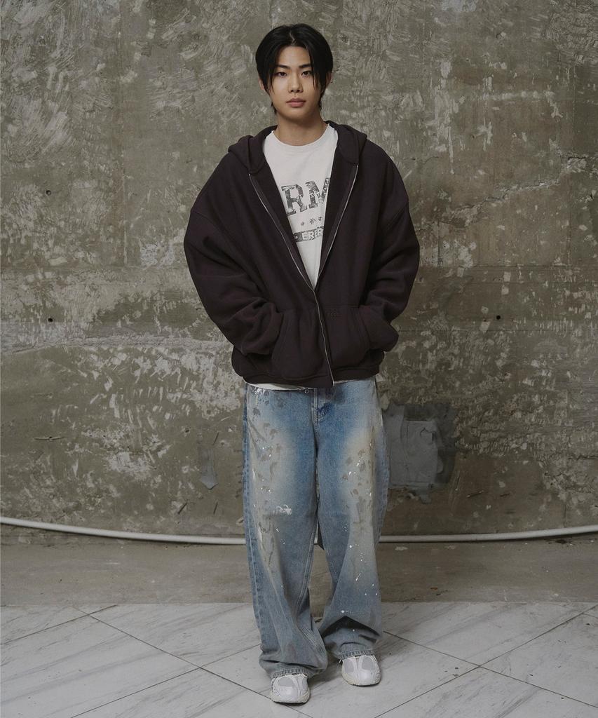 Erer Men Oversized Sweat Hoodie Zip-Up Brown