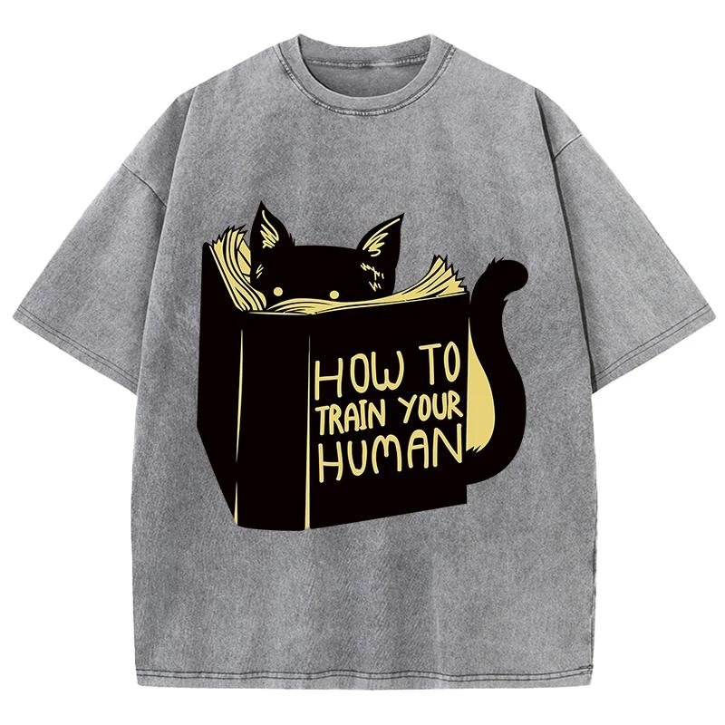 Smart Cat Reading Print T-shirt Men's and Women's Summer Breathable Shirt Water Wash Vintage Fashion Short Sleeve Soft T-shirt