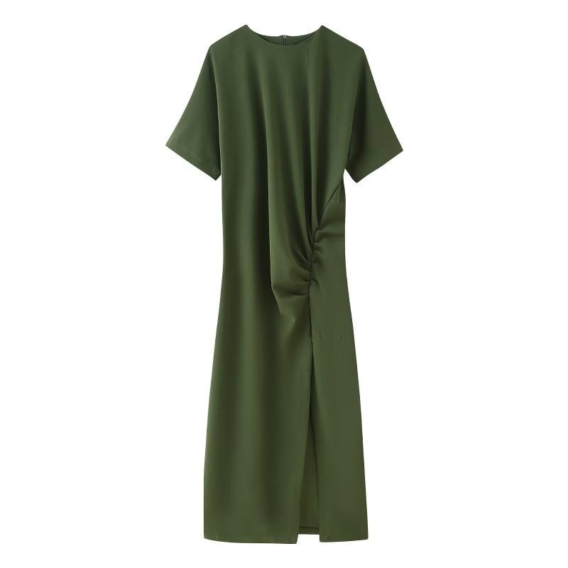 Европейская Американская Женская Одежда Модное Круглое Горло Короткий Рукав Разрез Плиссированное Платье L