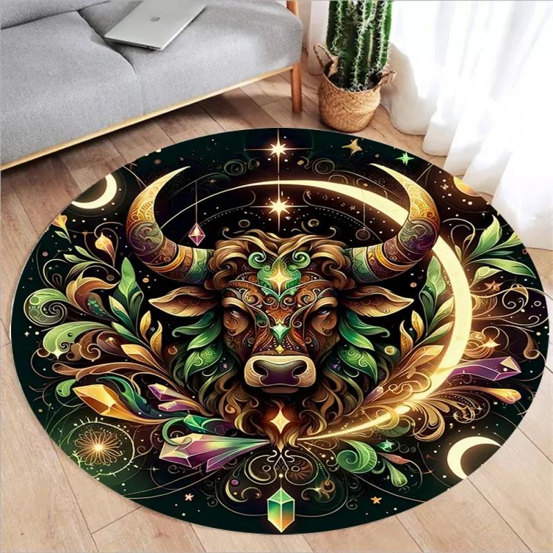 Zodiac Print Round Rugs Kids Room Floor Mats Non-Slip Living Room Rugs Washable Flannel Carpet for Home Decor Mat