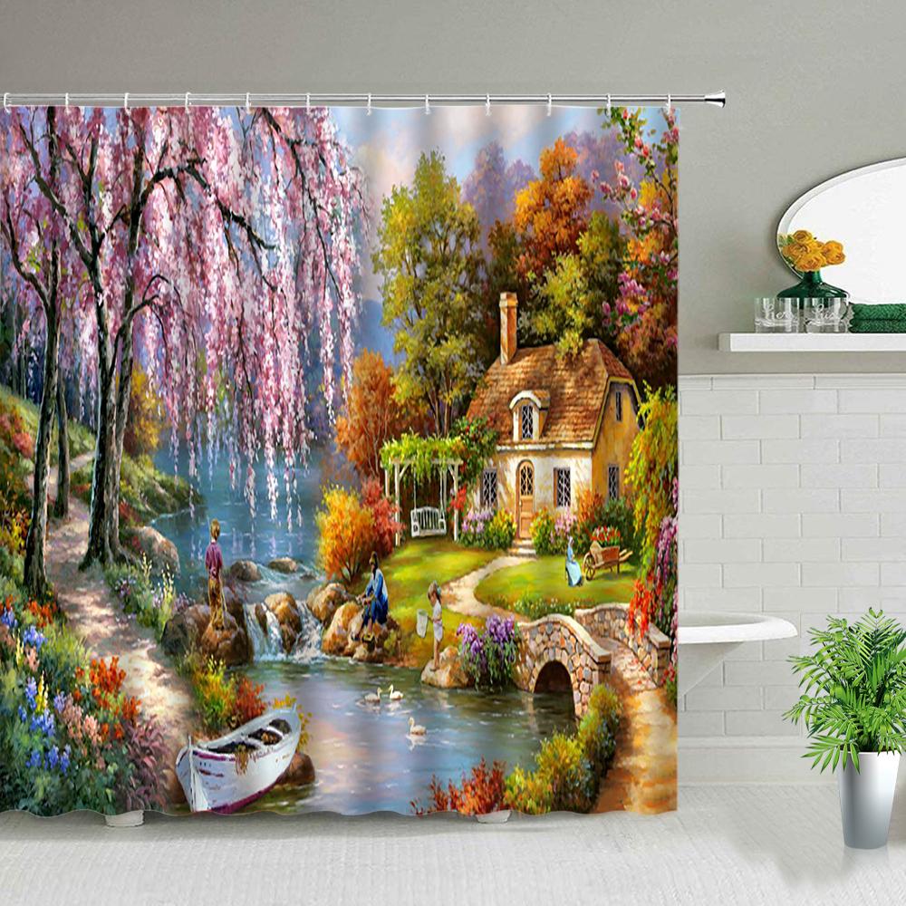 Forest Landscape Shower Curtains Green Tropical Plant Palm Tree Flower Leaves Garden Natural Scenery Bathroom Decor Bath Curtain