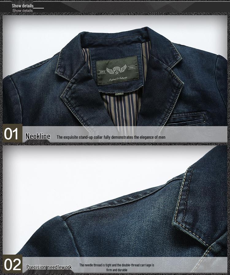 Men's Slim Fit Denim Suit Jacket - Casual Outerwear for Middle-Aged Men