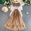 Elegant Gradient Shiny Pleated Dress Cape Shoulder Pearl Beads 3D Floral Applique Scalloped Waist Belt A Line Midi Dress