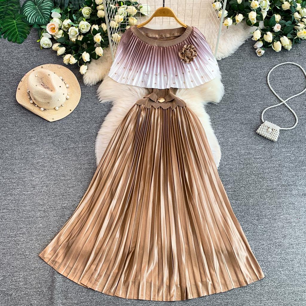 Elegant Gradient Shiny Pleated Dress Cape Shoulder Pearl Beads 3D Floral Applique Scalloped Waist Belt A Line Midi Dress