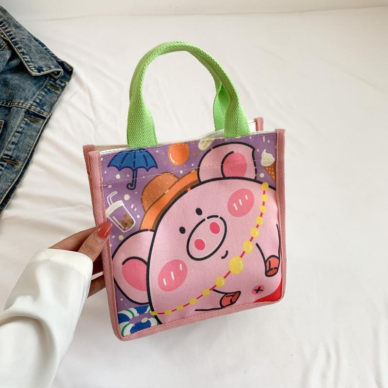 Очаровательная Канвасная Сумка-Тоут с Мультяшным Принтом Модный Уличный Стиль Милая Сумка для Девочек Green Pig
