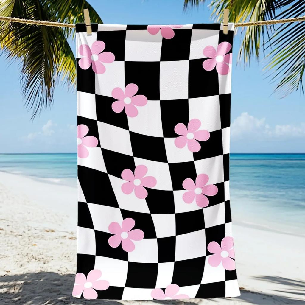 Cute Retro Checkered Pink Floral Bath Towel Sand Resistant Soft Lightweight Towel for Outdoor Pool Camping Holiday Bath