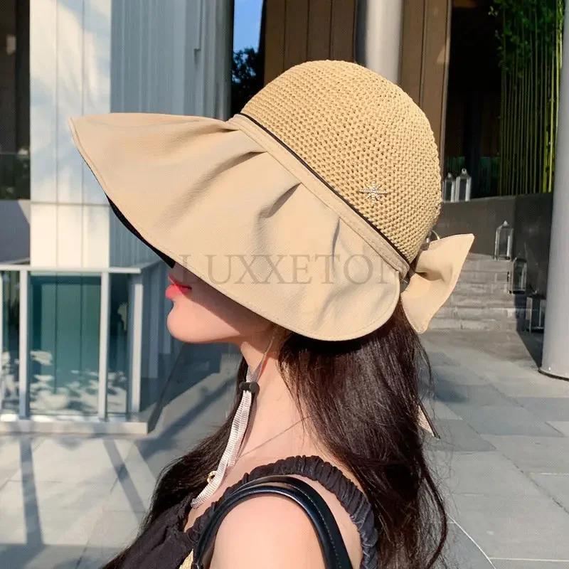 

Women Bucket Hat Summer Uv Protection Sun Hats Solid Color Soft Foldable Wide Brim Outdoor Beach Panama Cap Ponytail Caps