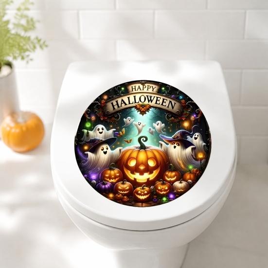 Water Resistant Bathroom Wall Art Happy Halloween Toilet Sticker, Pumpkin Ghost Lid Easy Apply PVC Waterproof Decal for Home Party Decoration Peel And
