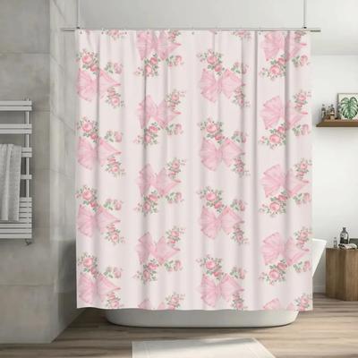 Tenda da Doccia Floreale con Fiocco Rosa Poliestere Impermeabile Tenda da Bagno con Ganci Gratuiti Resistente alla Muffa Decorazione Bagno