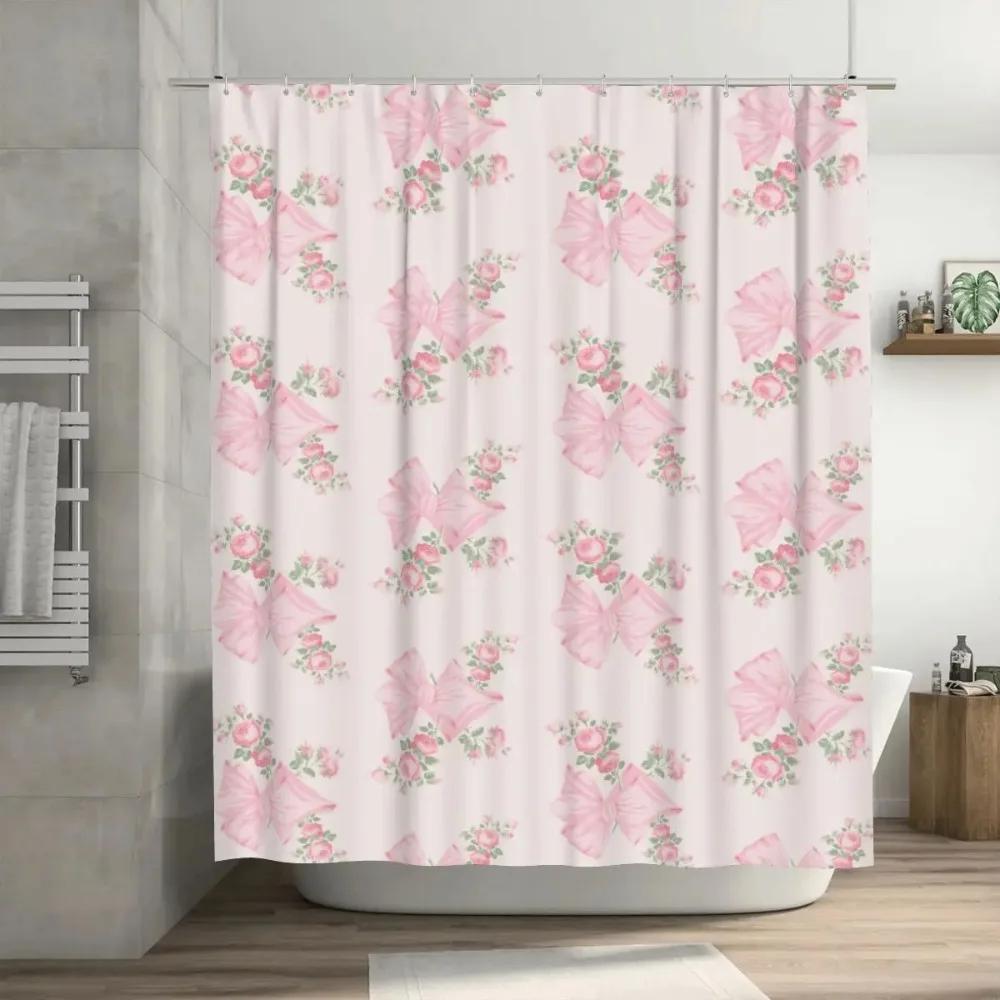 Pink Bow Floral Shower Curtain Polyester Waterproof Bath Curtain With Free Hooks Mildew Proof Bathroom Decoration