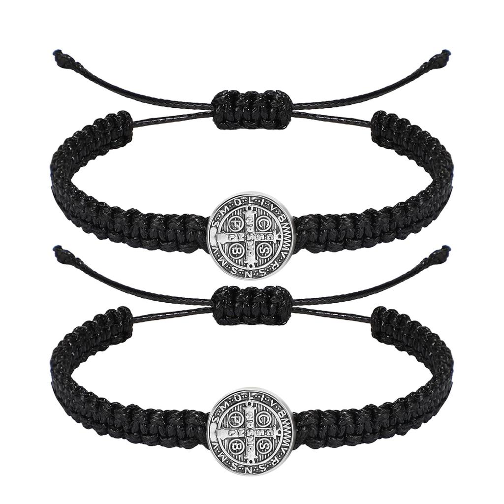 2 Pcs Catholic Saint Benedict Medal Bracelets Adjustable Black and Red String Bracelets Religious Jewelry Gifts for Men Women