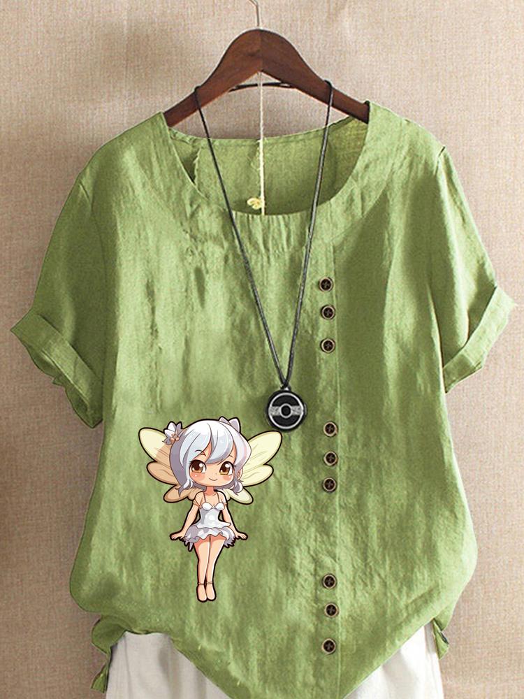 

Women s Fashion Butterfly Girl Print Round Neck Short Sleeve T-shirt Casual Cotton Linen Graphic Shirt Leisure Loose Summer Blouse Tops 5XL зелений