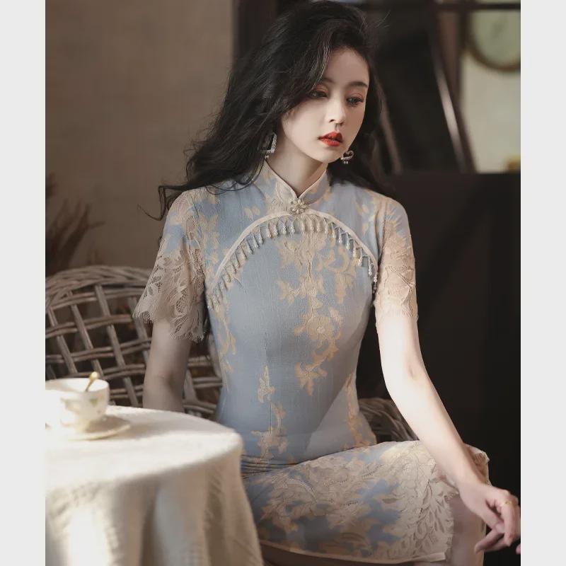 Podzimní retro cheongsam s dlouhou krajkou ve stylu Čínské republiky pro ženy - Šaty pro každodenní nošení