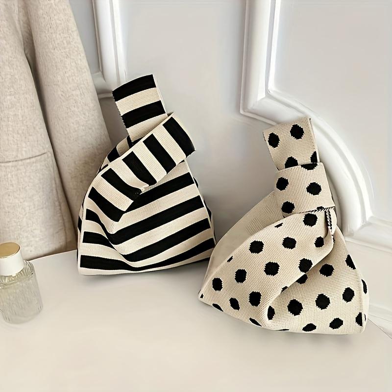 Wide Striped Handmade Knitted Handbag, Minimalist Korean Women Mini Knot Wrist Bag, Tote Bag