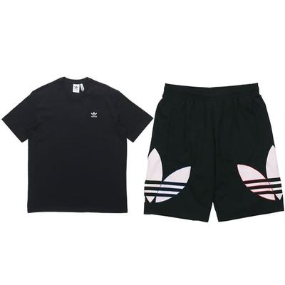 Originals Solid Logo Print Short Sleeve T-Shirt Training Sports Shorts Set Men Tops, Bottoms Black GN3454+H09357