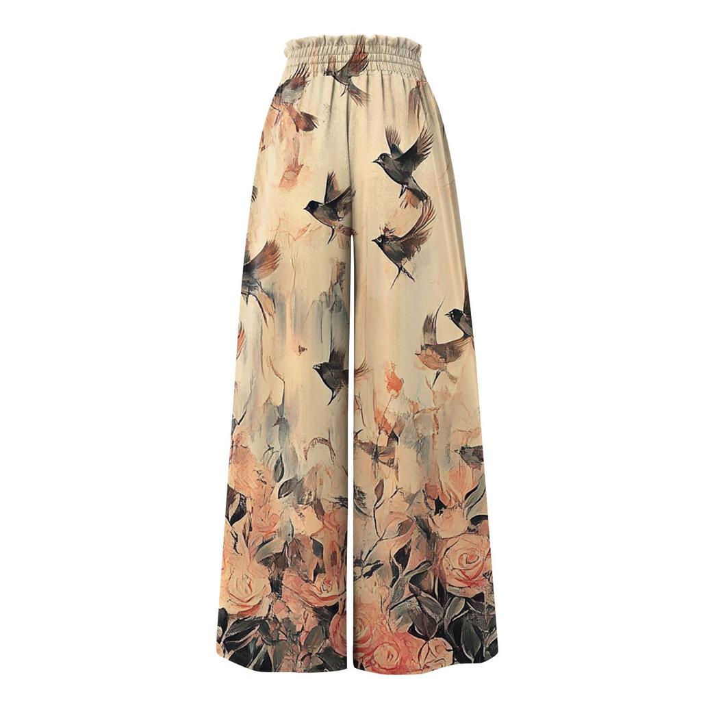Women's High Waist Wide Leg Pants with Pockets Floral Print Casual Long Trousers Elastic Waistband Drawstring Closure