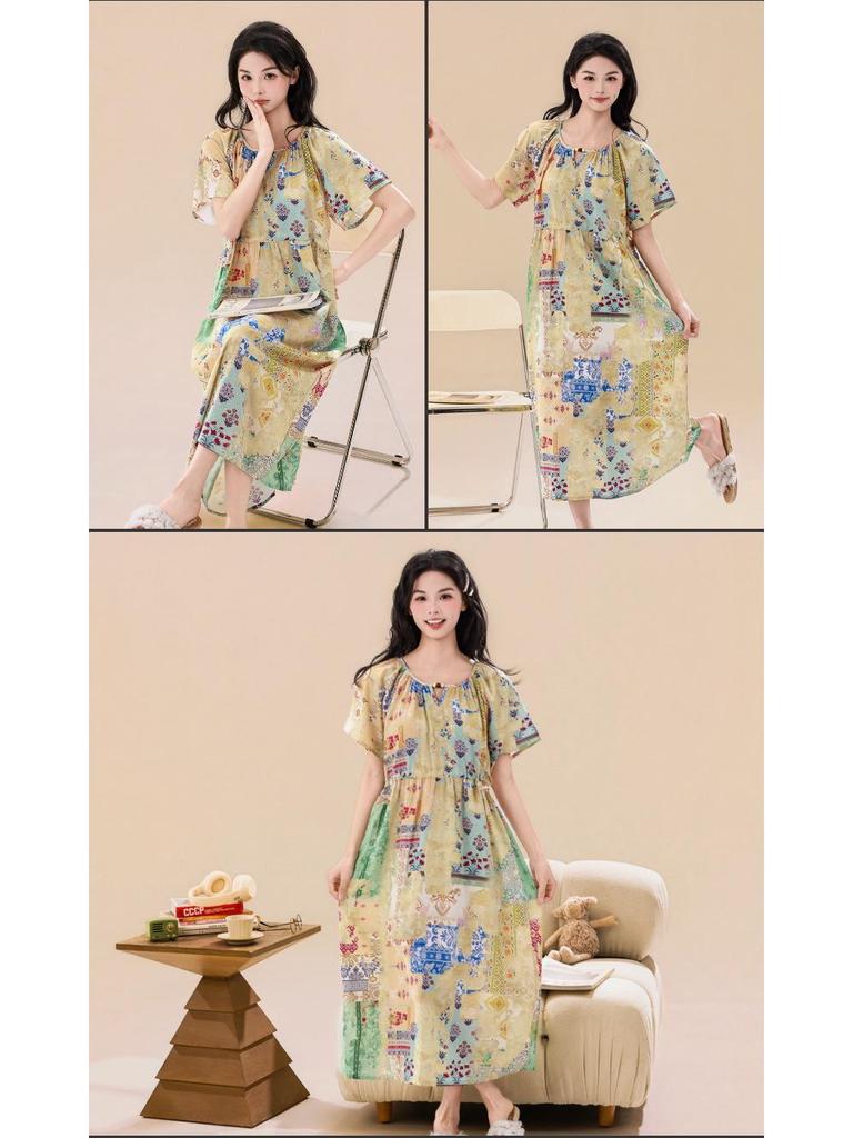 Korean Floral Lyocell-Cotton Silk Nightgown with Drawstring Waist and Short Sleeves