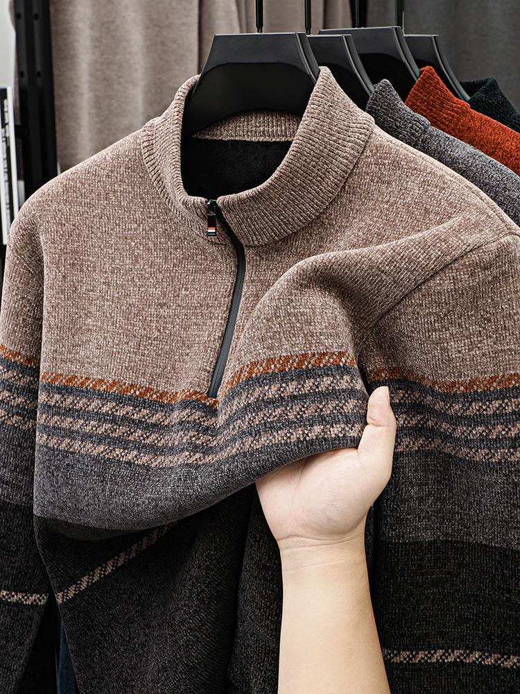 Men's Plush Thick Chenille Knit Sweater with Half-High Collar and Zipper