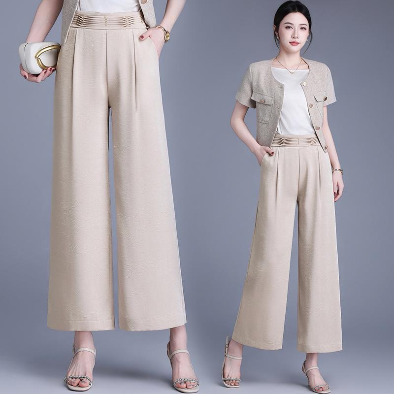 

Elegant High-Waisted Embroidered Wide-Leg Pants for Middle-Aged Women - Spring/Summer Slimming Style 3XL хакі