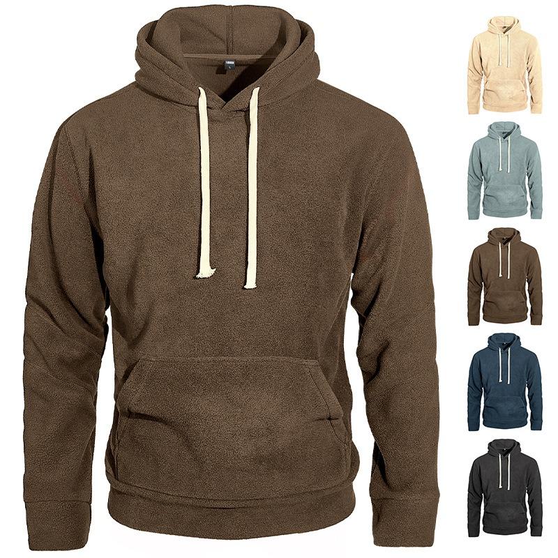 Men's Solid Color Loose Fit Polar Fleece Hooded Sweatshirt, Casual Sports Commute Pullover Hoodie with Pockets for Autumn Winter