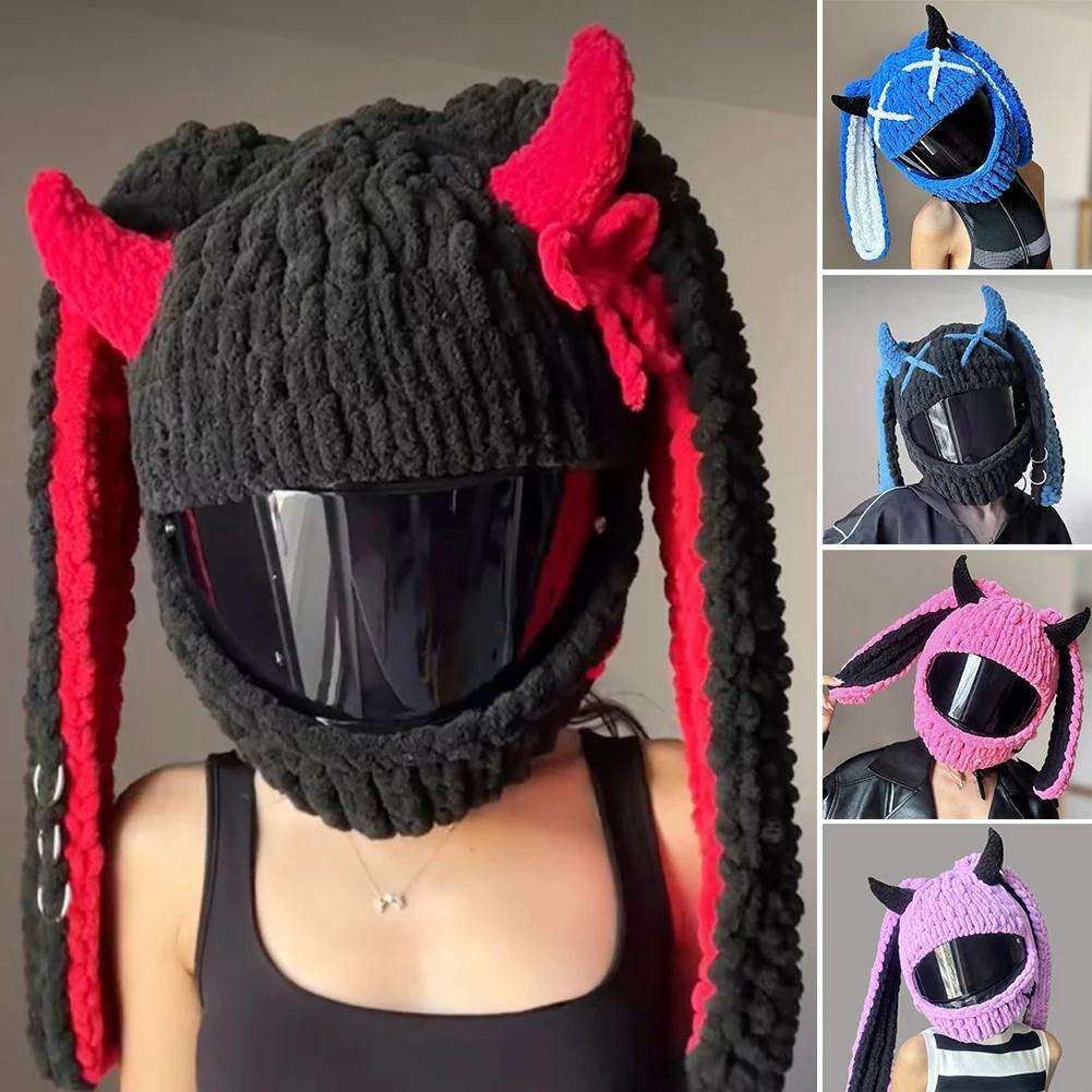 Winter Motorcycle Helmet Headgear Cover Trendy Devil's Horns Creative Cartoon Knitted Motocross Full-Face Protective Helmet Case