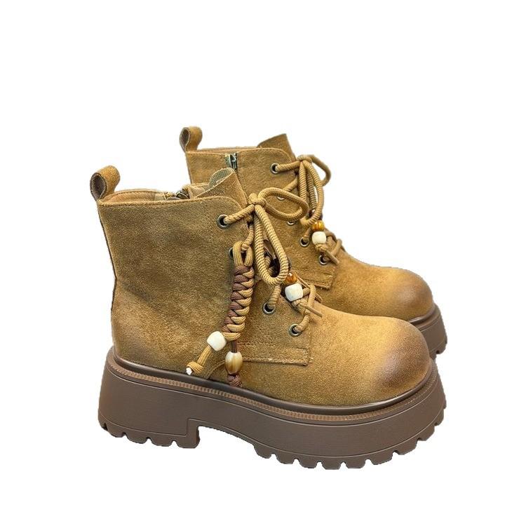 [Fanfna] Platform Martin Boots Women's 2025 Autumn and Winter Fashion Maillard Skinny Short Boots Lace-Up Rhubarb Boots