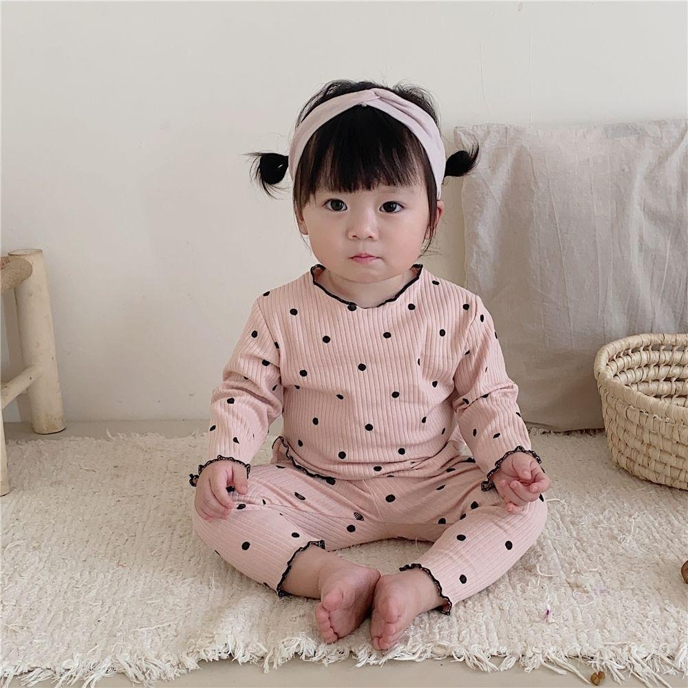 Girls' Home Clothes Baby Girls' Long Sleeve Ribbed Pit Bar Pajamas Two Piece Set with Mushroom Edges