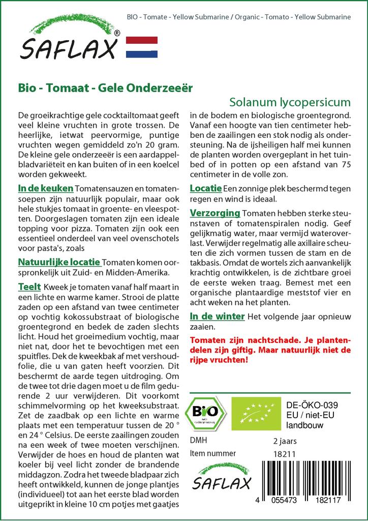 SAFLAX Garden In the Bag - Organic - Tomato - Yellow Submarine - 10 Seeds - With Substrate In a Fitting Stand Up Bag - Solanum Lycopersicum