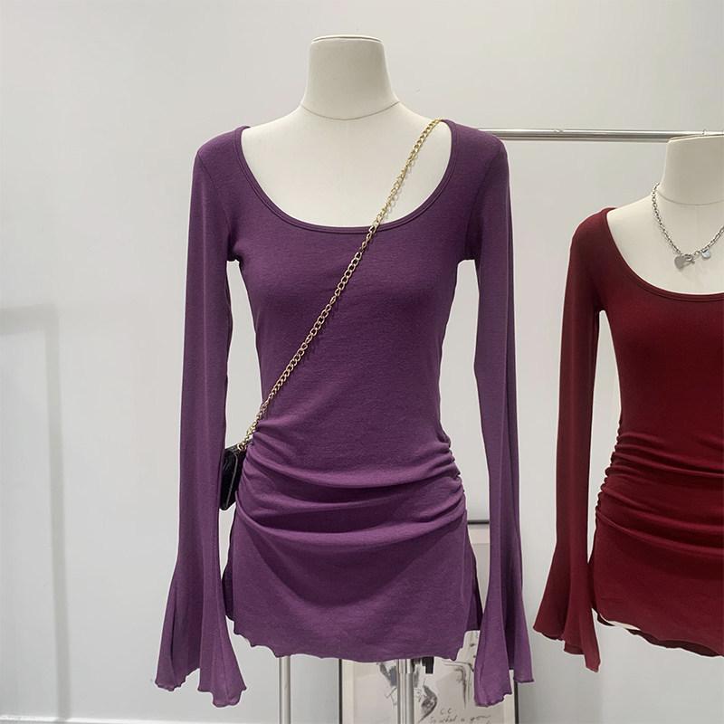 Spicy Girl Bodycon Long Sleeve Slim Fit Square Neck T-Shirt for Women L фиолетовый