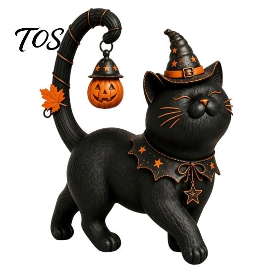 Small Statue for Balcony Halloween Black Cat Wearing Hat Figurine, Resin Witch Dark Style Figurine Desk Shelf, Spooky Cute Home Decor, Gift