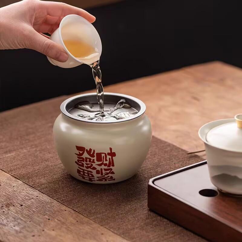 Plant Ash Handwritten Calligraphy Jianshui Tea Residue Bucket Household Ceramic Tea Washing Shuimeng Kung Fu Tea Set Small Water Storage Cup Washing