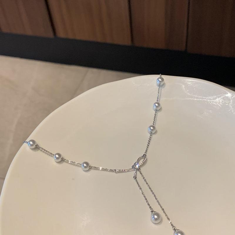 Spice Girl Bow Necklace Women's Versatile Premium Sense Niche Tassel Temperament Simple Pearl Clavicle Chain Jewelry