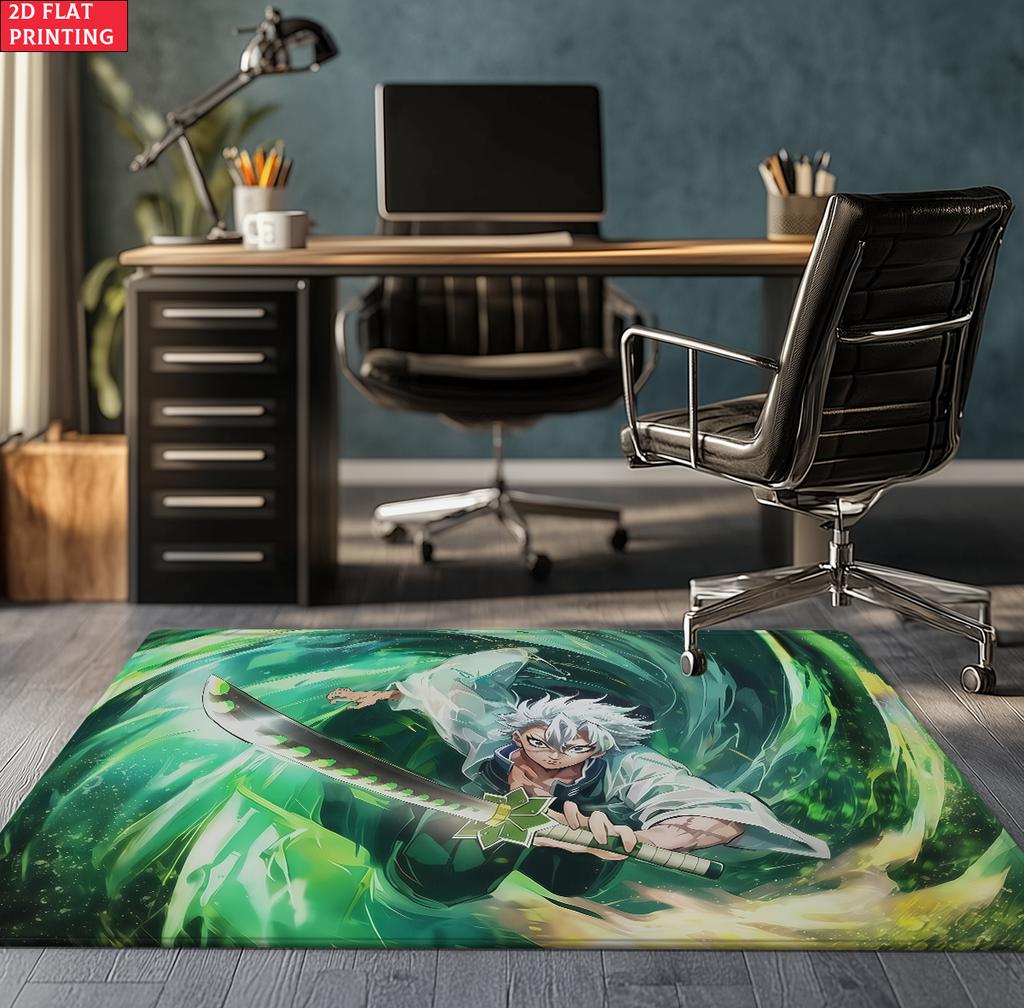 Anime Swordsman Area Rug, Blue Water Wave Theme  Floor Mat, Decorative Carpet for Gaming Room Bedroom, Washable Home Decor Gift