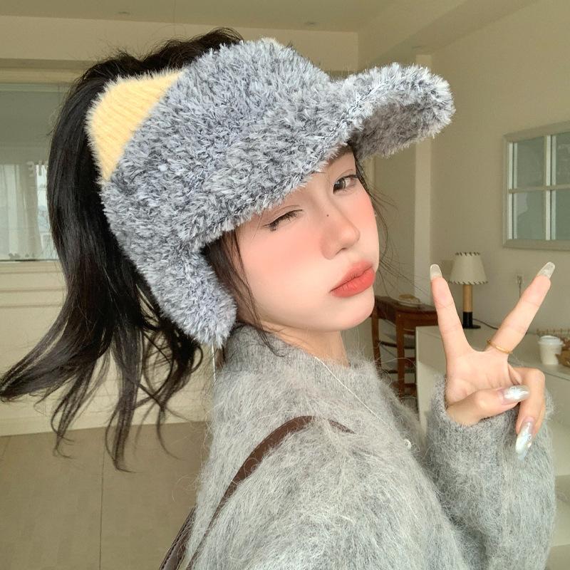 Cute Cat Ear Plush Empty Top Baseball Cap Autumn and Winter Windproof Ear Protection Hat Outdoor Casual Warm Hat Women