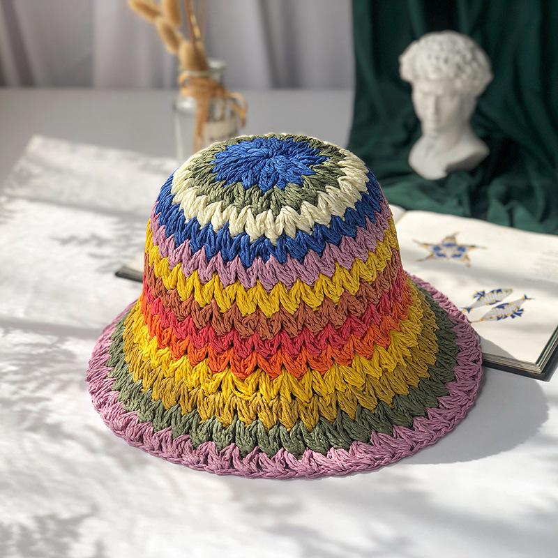 Rainbow Color Bucket Hat Women's Summer Thin Sunscreen Sun Hat Handmade Straw Hollow Straw Hat Women's Versatile Tide