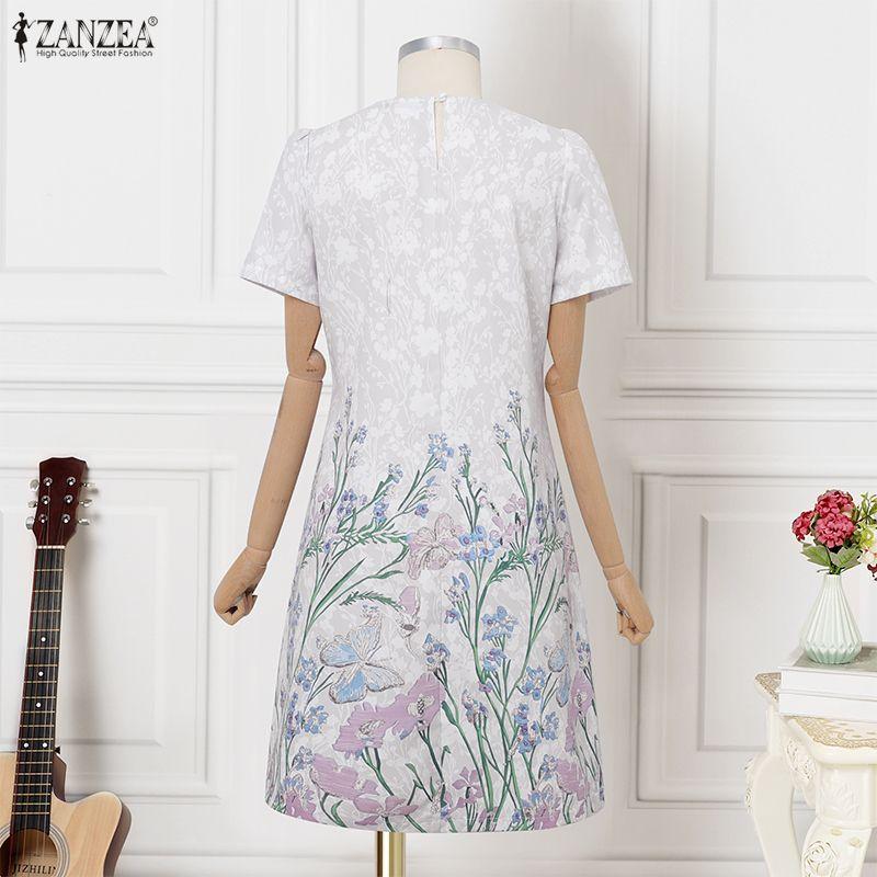 ZANZEA Women Casual Round Neck Short Sleeve Floral Dress