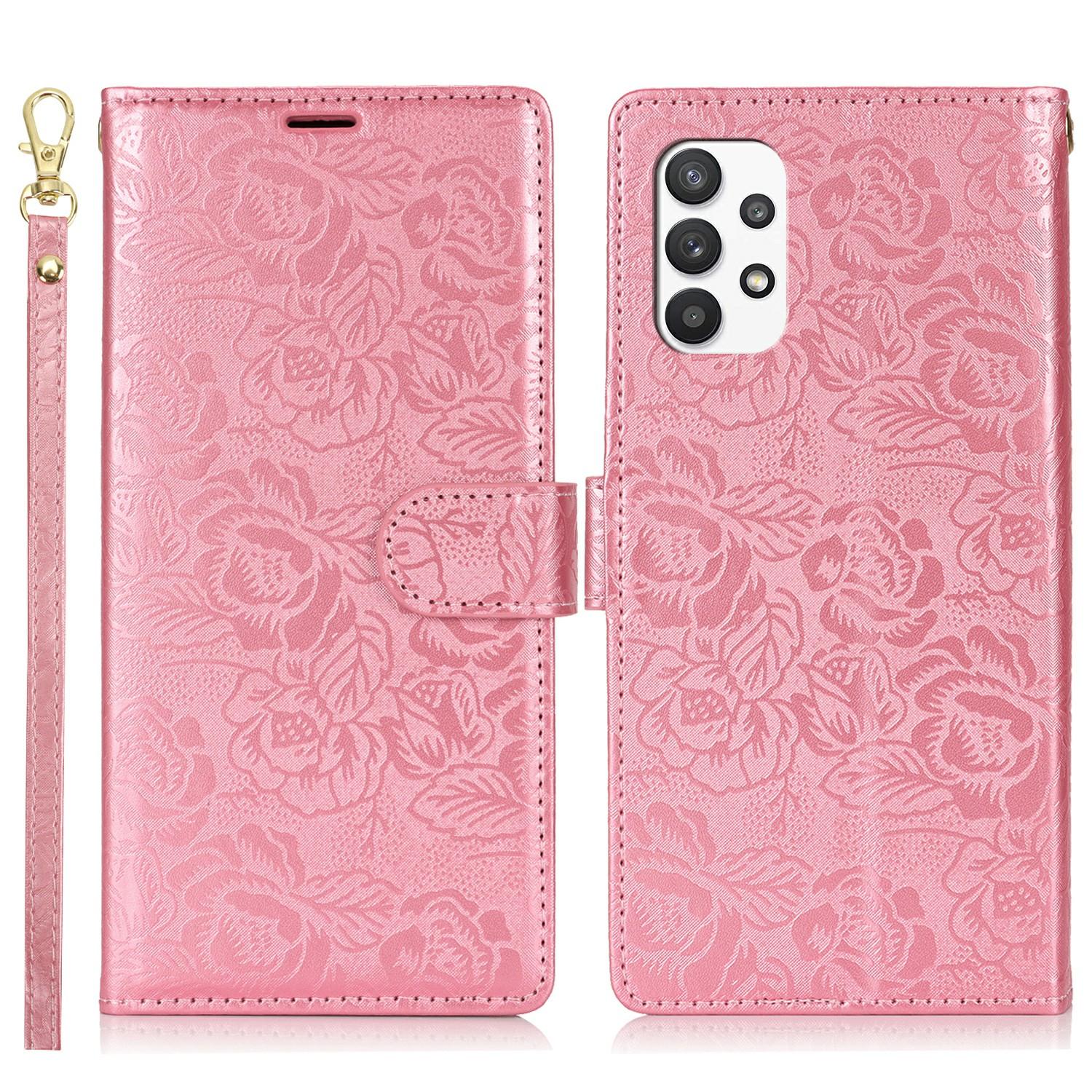 

For Samsung Galaxy A13 4G/5G Case with Hand Strap Flower Imprint Leather Wallet Phone Cover Rose Gold