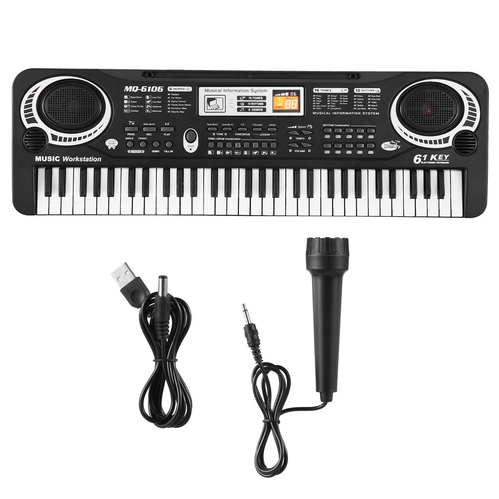 61 Keys USB Electronic Organ Kids Electric Piano with Microphone Black Digital Music Electronic
