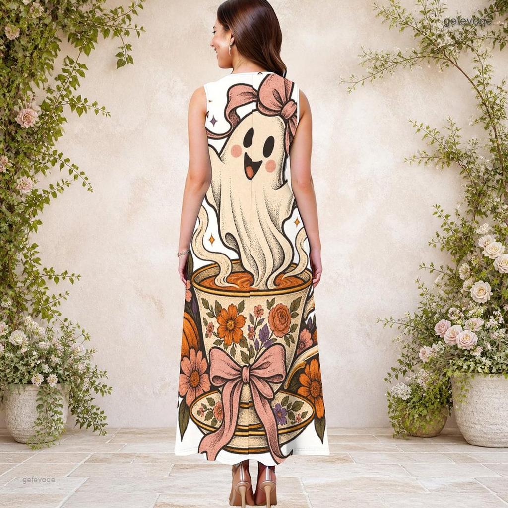 Women s Plus Size Sleeveless Keyhole Neck Halloween Ghost Pumpkin Printed White Long Dress
