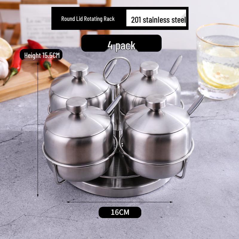 Gold Korean-Style Seasoning Jars, 201 Stainless Steel with Glass Lids On Tray, for Restaurant Use.