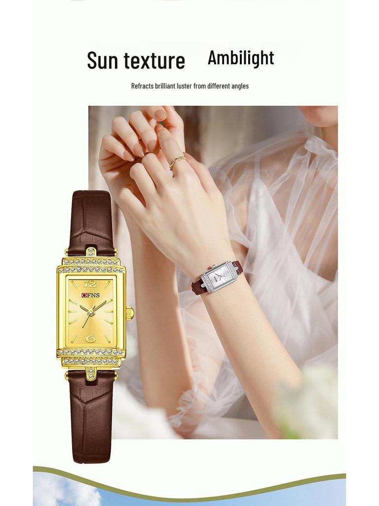 OFNS Women's Luxury Square Leather Strap Watch - Waterproof Quartz with Diamond Detailing
