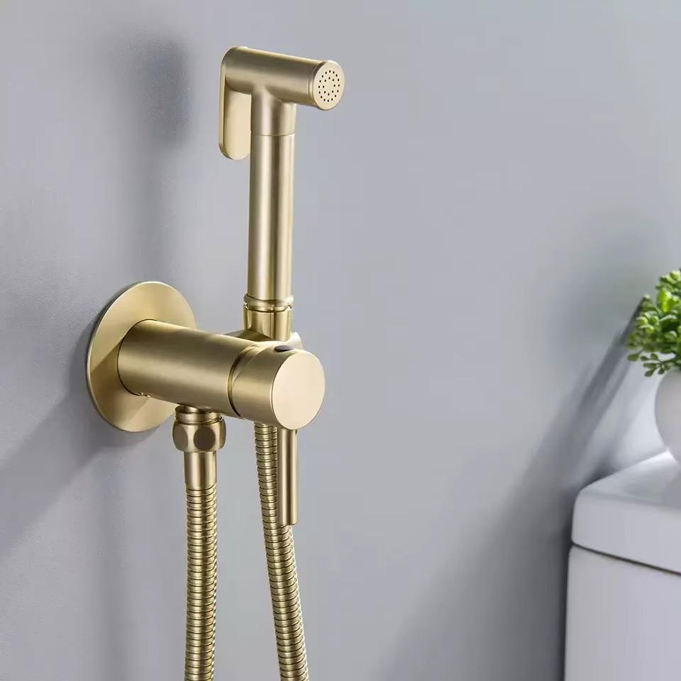 Brushed Gold Hot and Cold Bidet Sprayer Attachment Kit Pressure Adjustable T-valve Brass Hand Held Bidets Shattaf